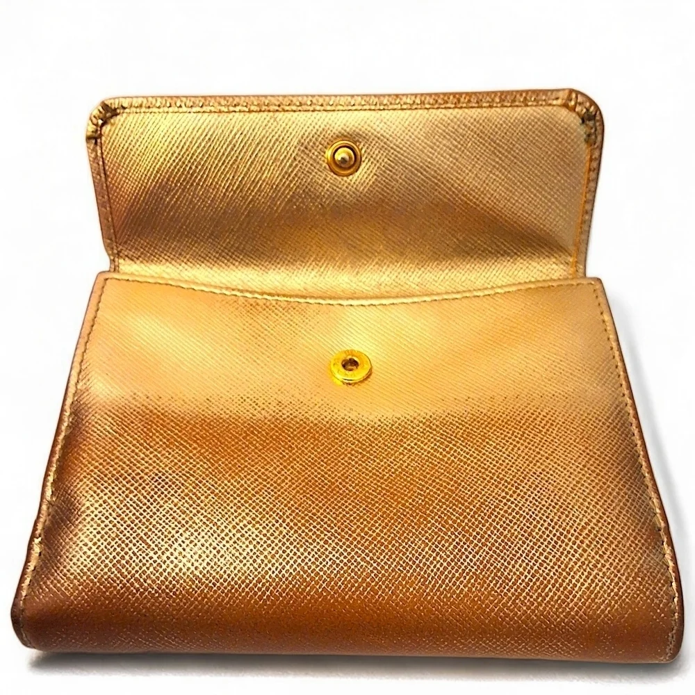 Prada Saffiano Leather Compact Wallet in Metallic Oro Gold with COA